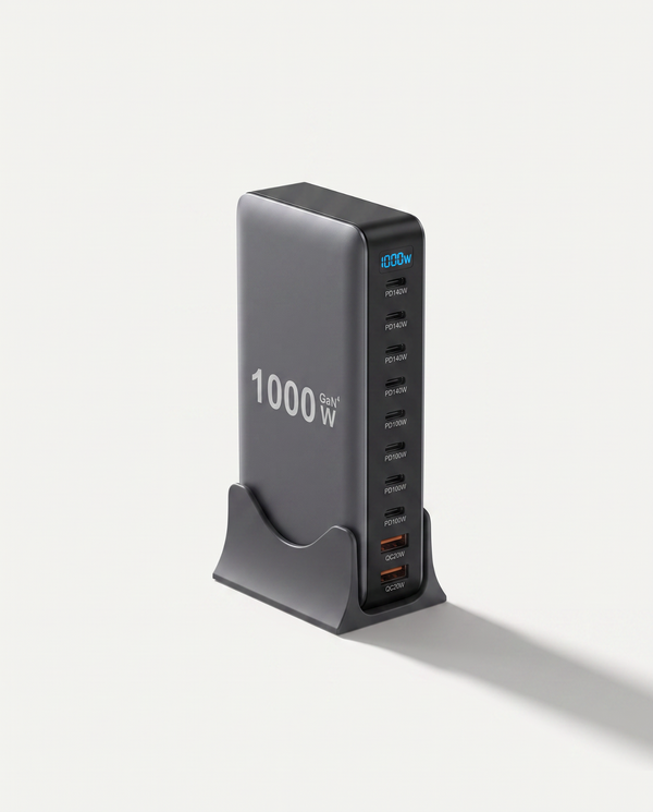 10-port GaN desktop charging station in dark gray with illuminated 1000W display