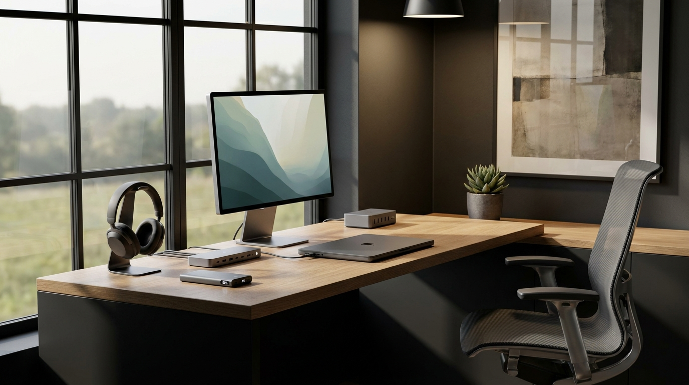 Modern work desk with monitor, docking hub, multi-port charger, power bank and wireless headphones on a stand