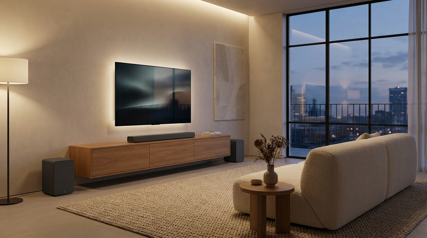 Modern living room set up for movie night, wall-mounted TV, soundbar and surround speakers, cozy sofa with a ceramic vase of dried flowers