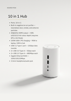 Specification card for the 10-in-1 docking station, listing its ports and purifier function