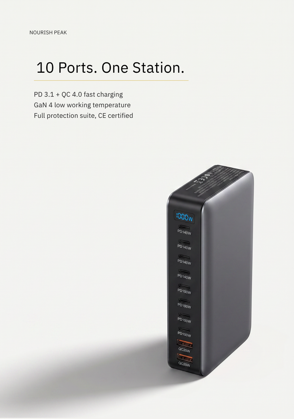 10-Port GaN Desktop Charging Station — PD 3.1 Fast Charging, UK/US/EU/AU
