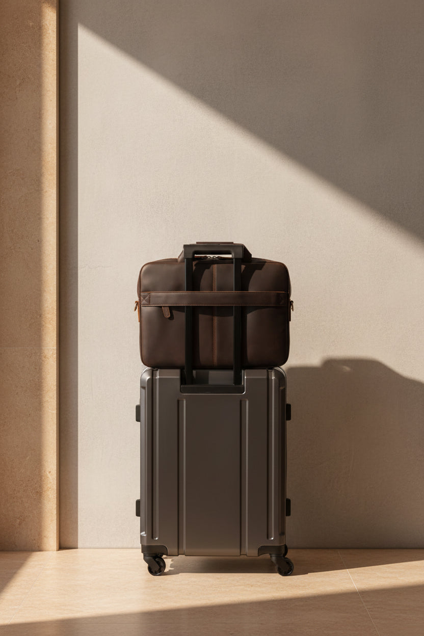 The briefcase resting on a suitcase in an airport, its rear luggage strap shown in an inset detail