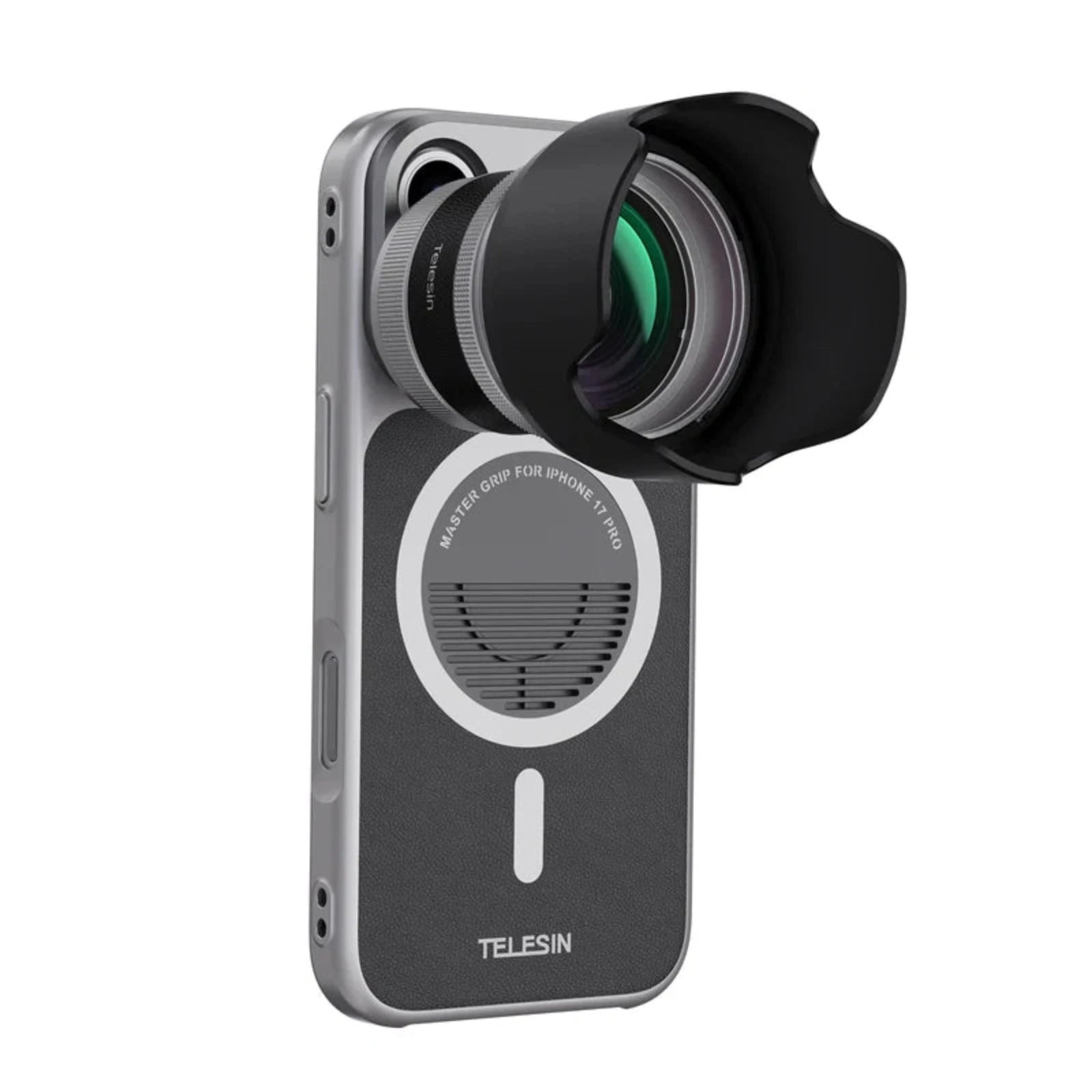 The magnetic lens adapter with hood, mounted to the silver phone case