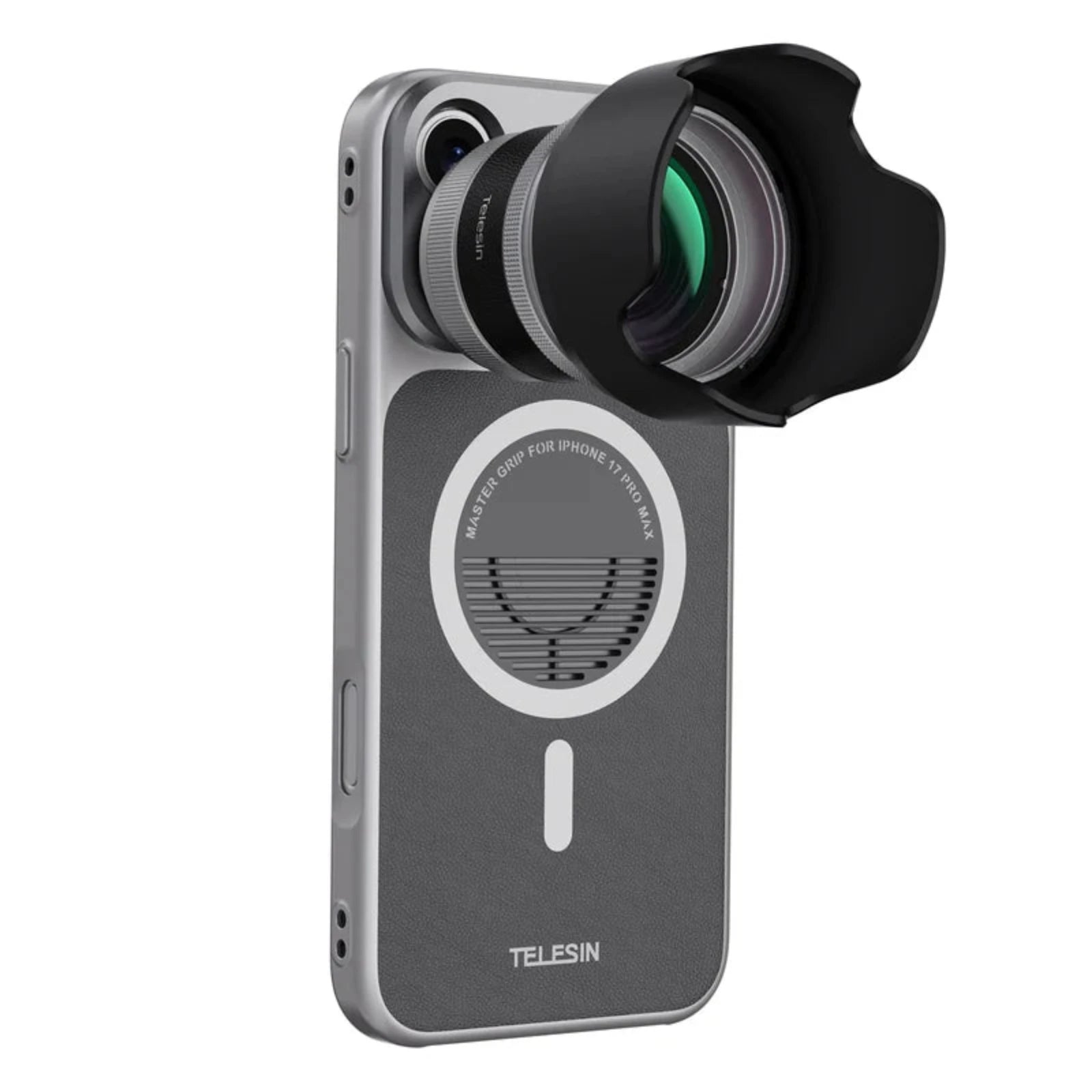 The magnetic lens attachment with hood and lens, mounted on the phone case