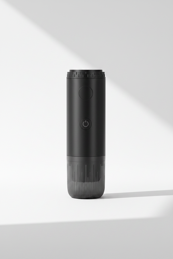 The cordless espresso maker in matte black, standing upright on a light surface