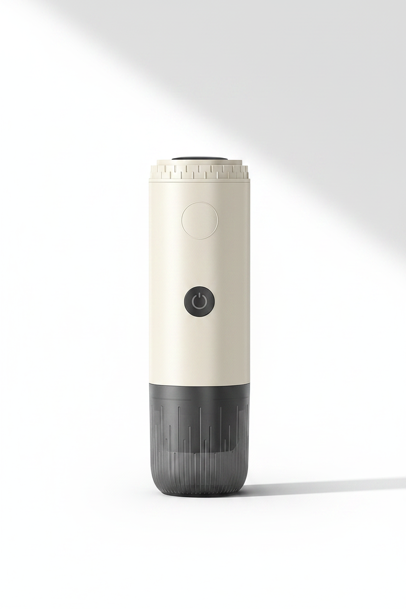 The espresso maker in cream and dark grey, standing upright