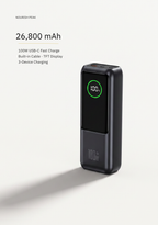 Specification card for the 26800 mAh power bank, listing 100 W output and the charge display