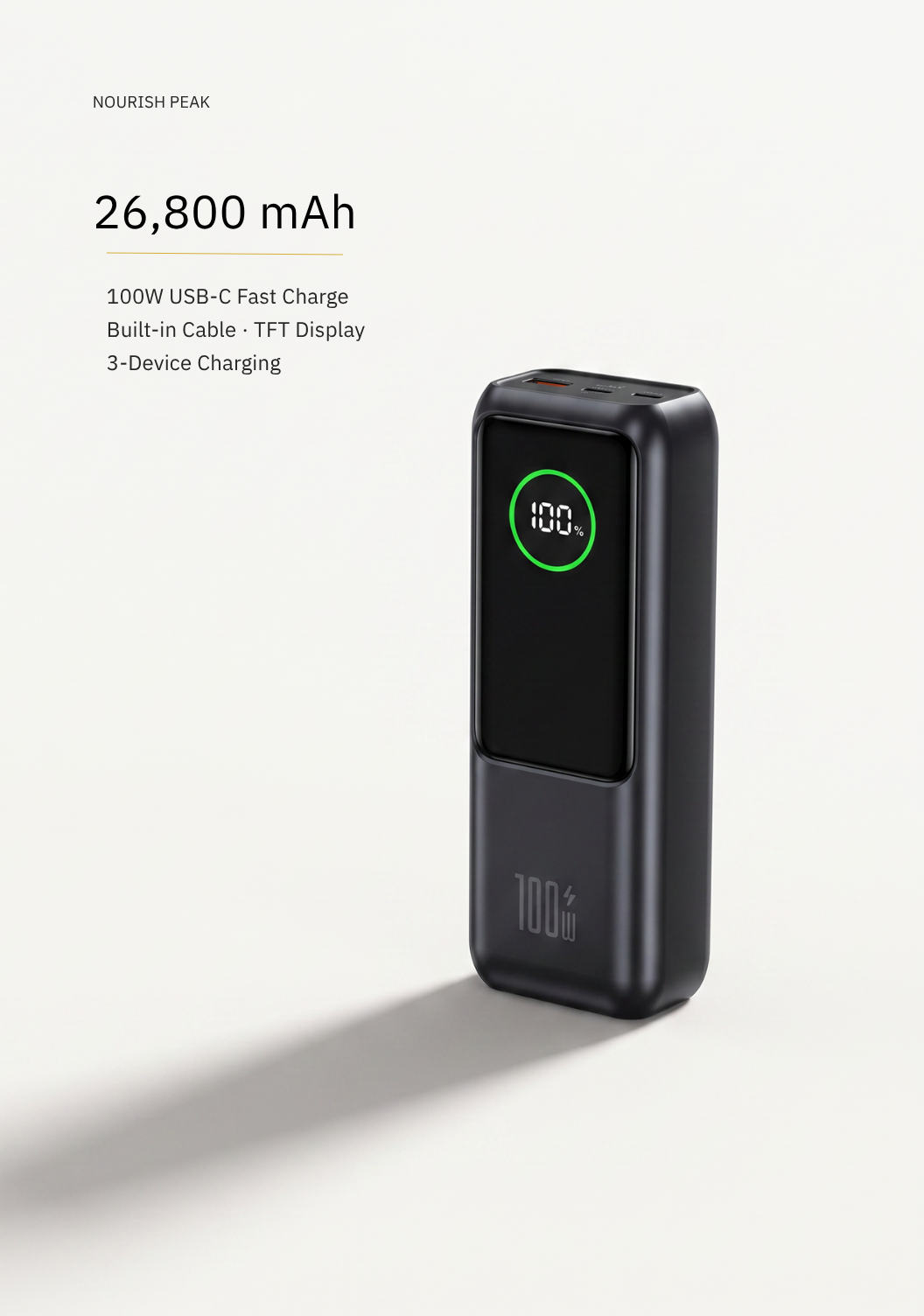 Specification card for the 26800 mAh power bank, listing 100 W output and the charge display