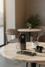 The 26800 mAh power bank on a cafe table, charging a device over USB-C