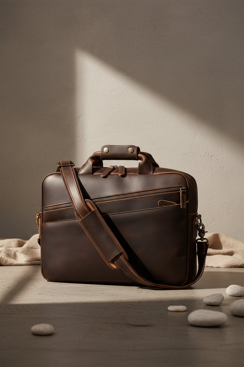 Dark brown crazy horse leather briefcase with adjustable shoulder strap, top handle and gold-tone hardware