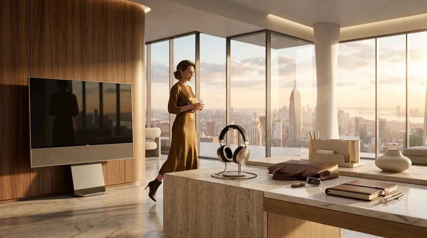 A woman in a mustard yellow dress stands in a modern, sunlit home office with floor-to-ceiling windows overlooking a city skyline at sunset. A large flat-screen TV is mounted on the wood-paneled wall, and a marble desk in the foreground holds headphones, a laptop, and other office accessories.
