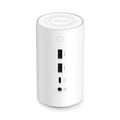 White cylindrical electronic device with ports on a white background