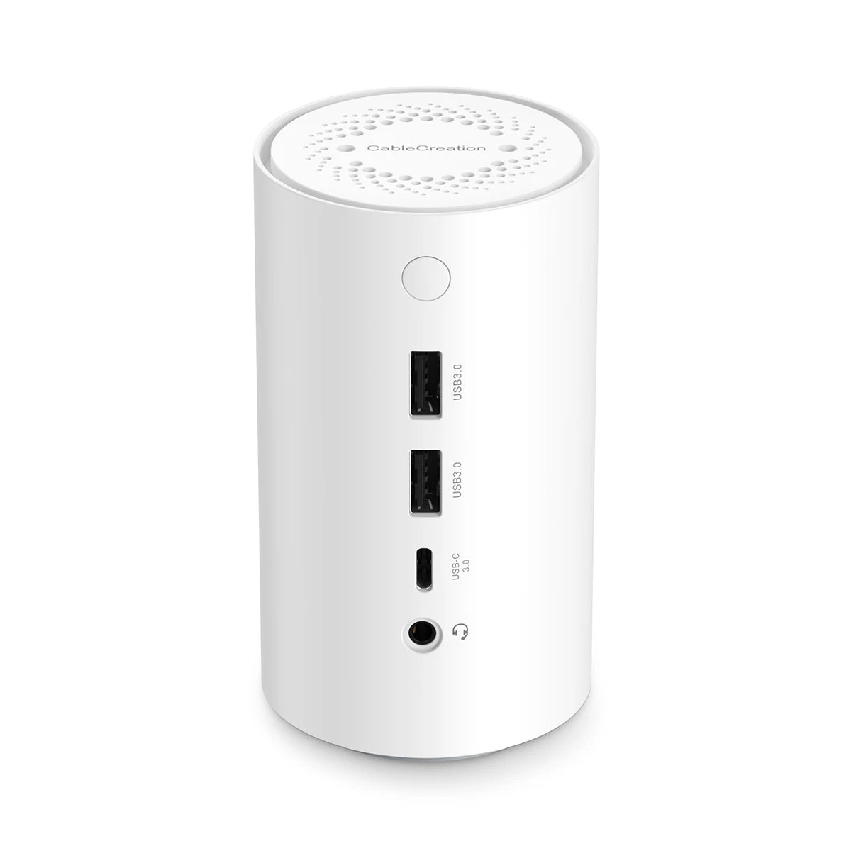White cylindrical electronic device with ports on a white background