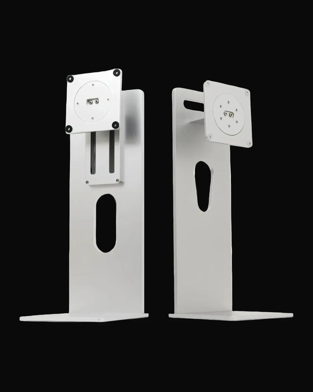 Two white metal monitor arms shown from the front and side against a plain white background.