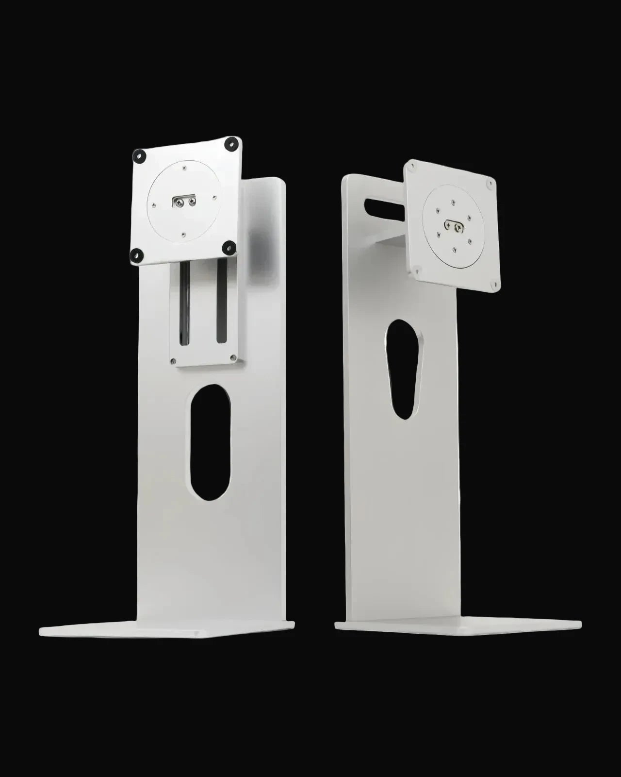 Two white metal monitor arms shown from the front and side against a plain white background.