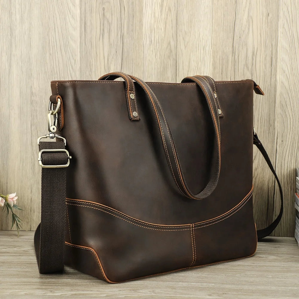 Large Leather Laptop Tote Bag for Women Men Vintage Travel Tote Bag for 14.2'' Laptop Handbag Women Large Capacity Shoulder Bag