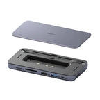 The 9-in-1 docking station in grey, its full port row facing the camera