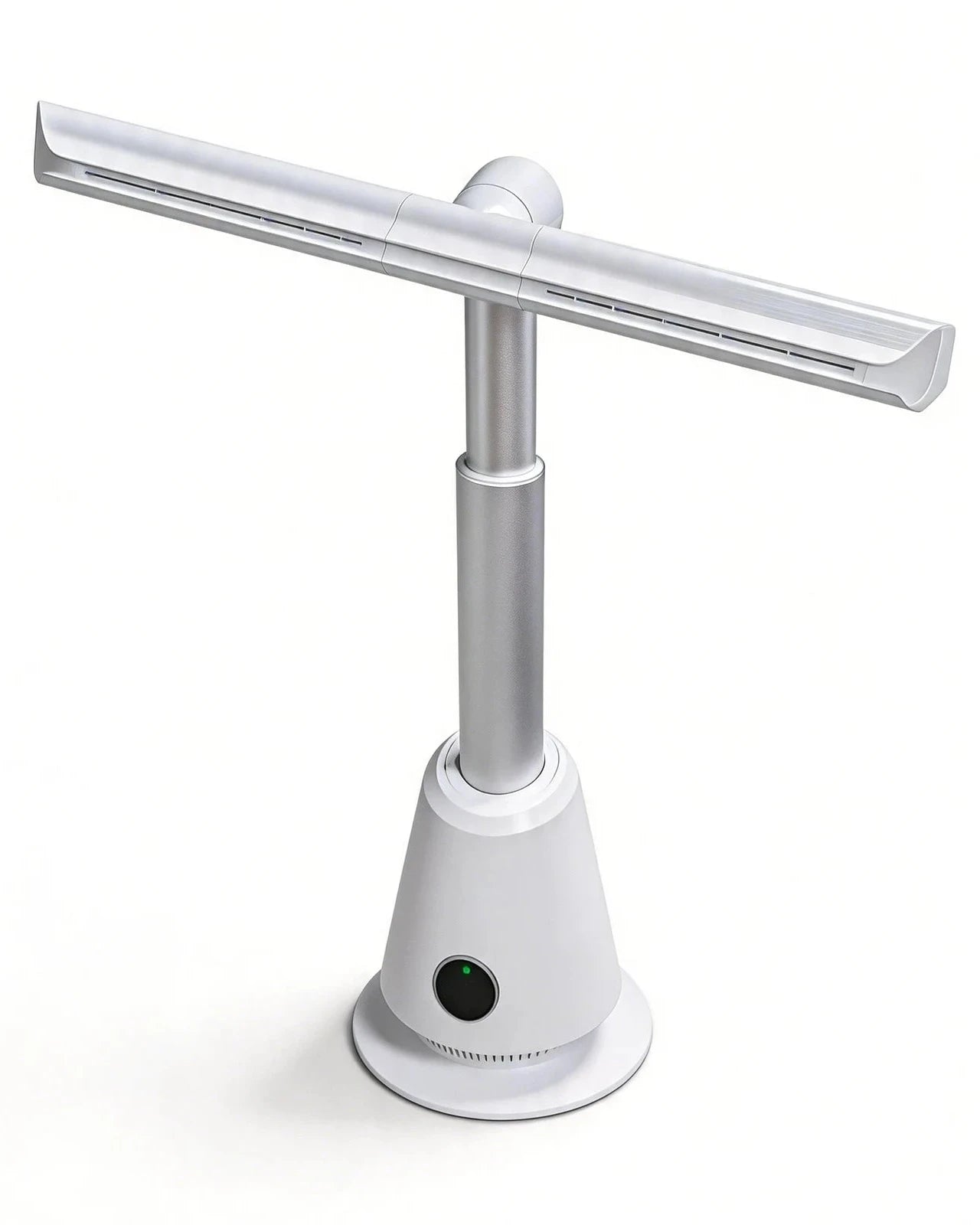 Bladeless tower fan in white and silver, showing the circular base, vertical column and horizontal air-outlet arm