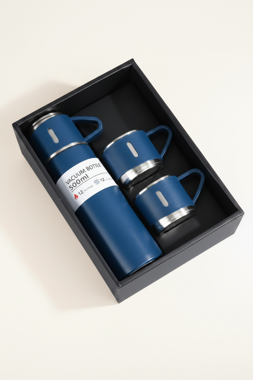 The flask and two cups in blue, presented in the gift box