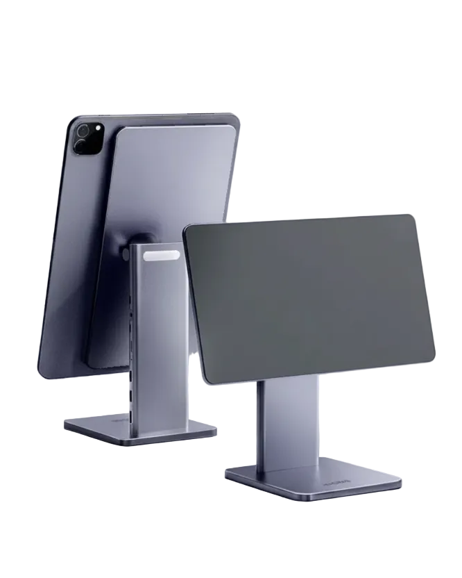 A dark gray tablet shown from the back on a matching metal stand, alongside a second tablet shown from the front on a matching stand, set against a light gray textured background.