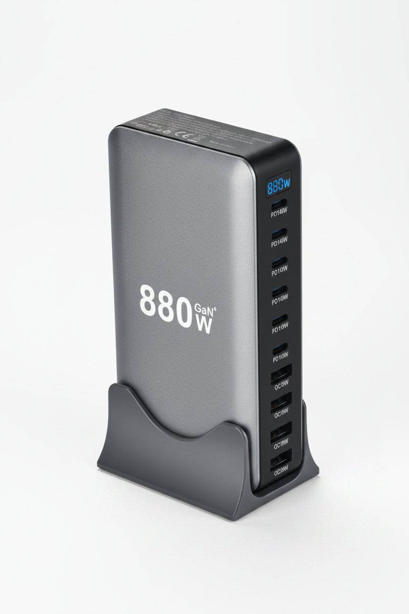 The charging station shown with its integrated plug and full USB port row, second view