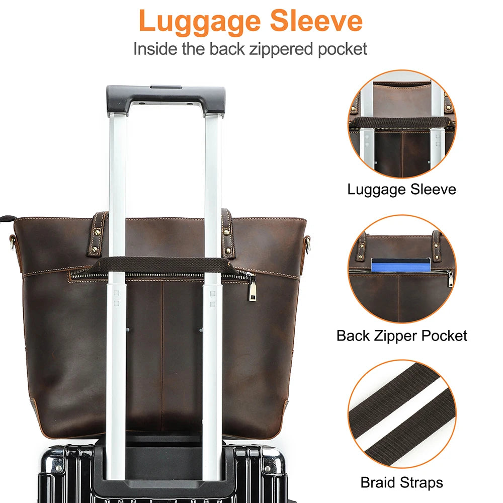 Large Leather Laptop Tote Bag for Women Men Vintage Travel Tote Bag for 14.2'' Laptop Handbag Women Large Capacity Shoulder Bag