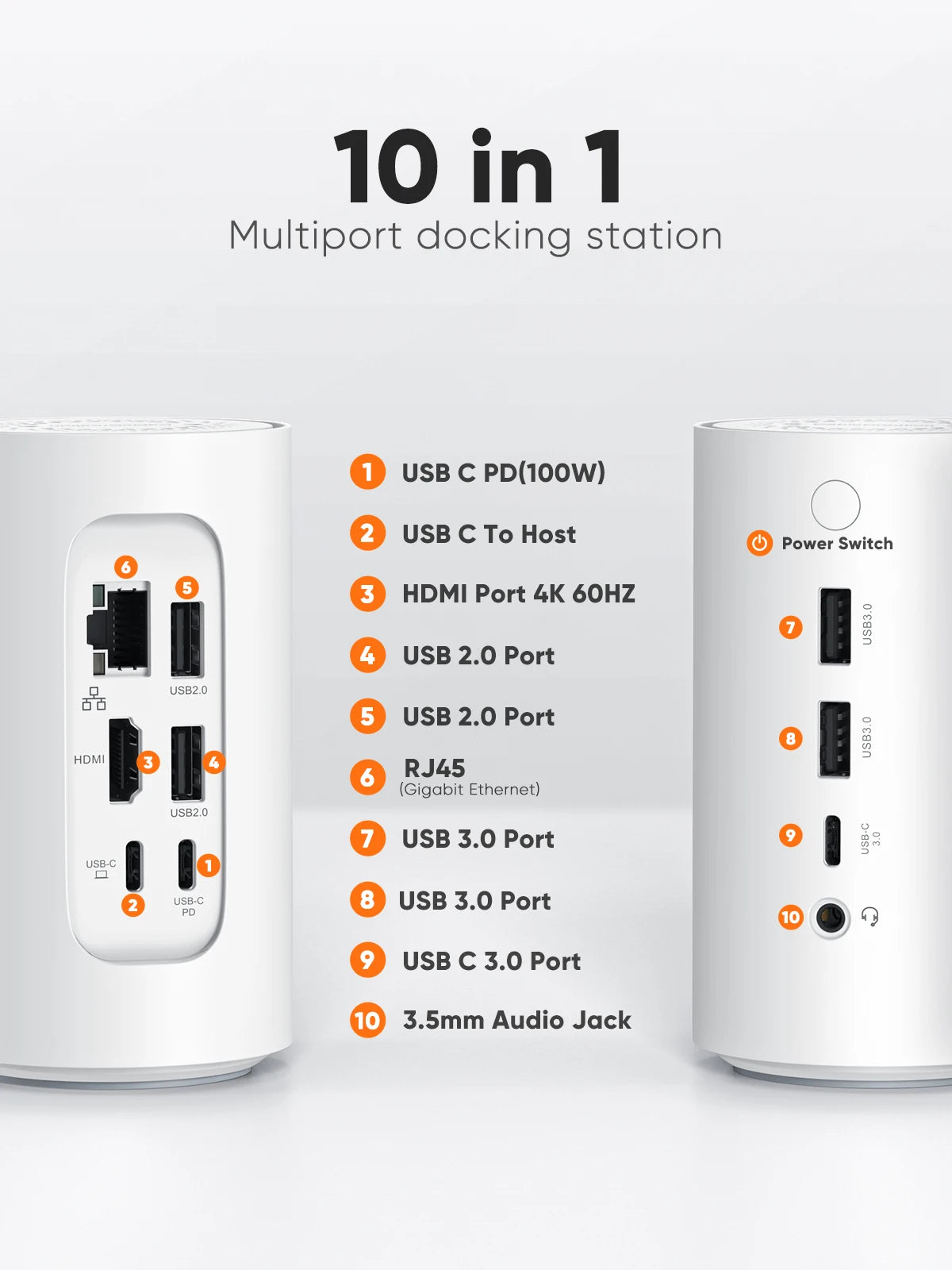 10-in-1 multiport docking station with features listed on a white background