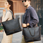 Crazy horse leather laptop tote with detachable shoulder strap, front view