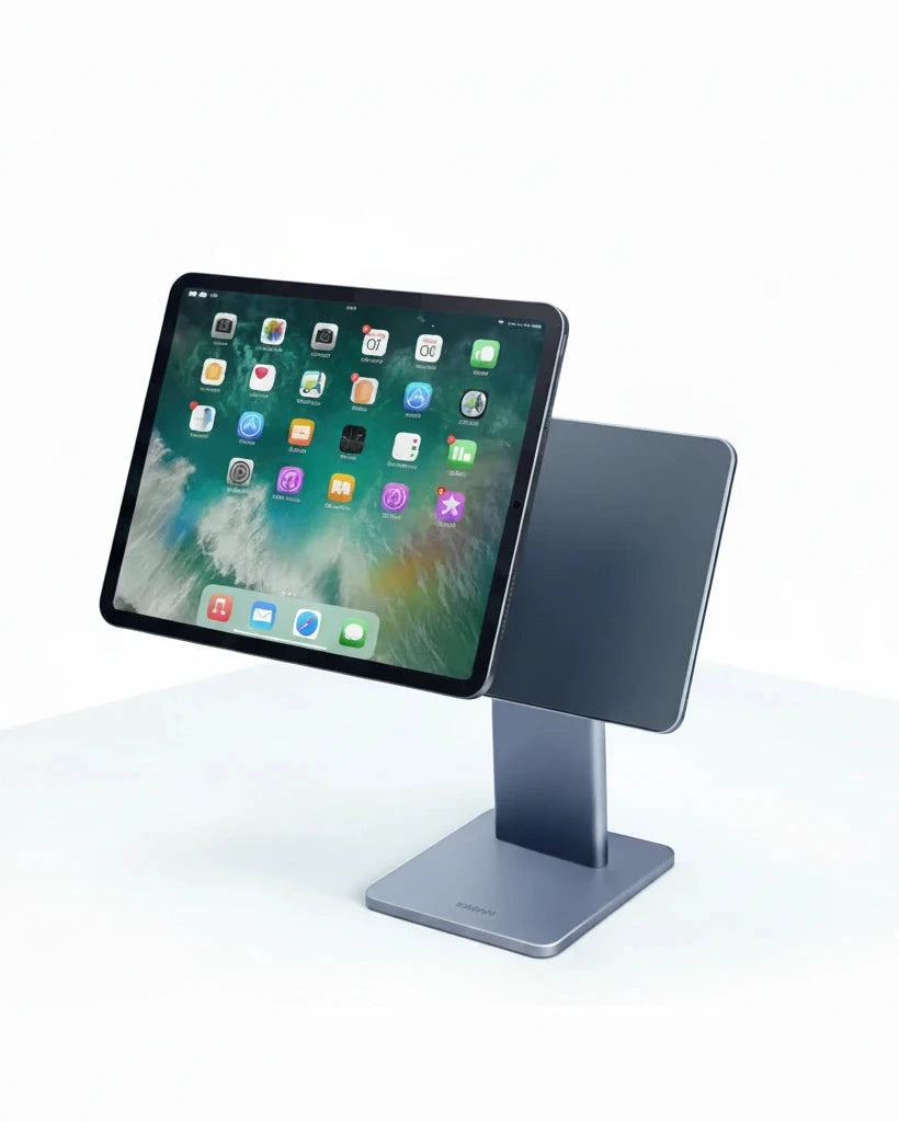 Tablet held by a hand on a stand with text about strong adsorption and stable screen