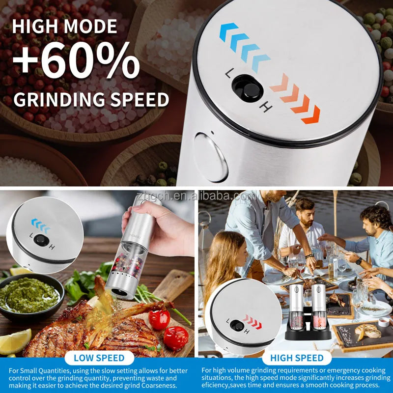 Electric pepper grinder with speed settings shown in various contexts, including food preparation and social gatherings.