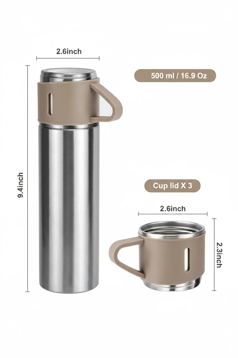 Stainless steel travel tumbler with a beige handle and lid, shown with dimension labels and a smaller inset of three matching cup lids. The image includes measurements in inches and a 500 ml / 16.