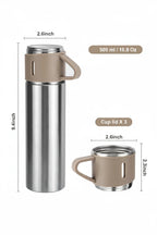 Stainless steel travel tumbler with a beige handle and lid, shown with dimension labels and a smaller inset of three matching cup lids. The image includes measurements in inches and a 500 ml / 16.