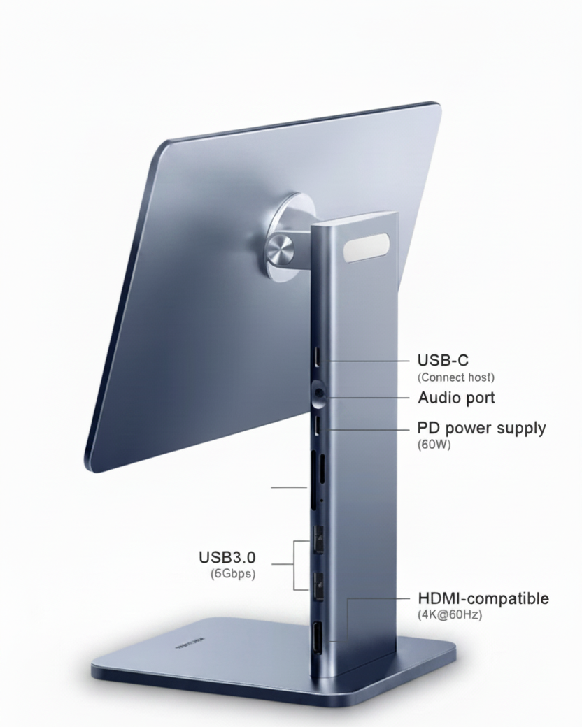 A desktop monitor stand with an attached display panel shown on a white background, with callout text listing ports and features such as USB-C, audio port, SD/TF card reader, USB 3.0, HDMI-compatible, and PD power supply.
