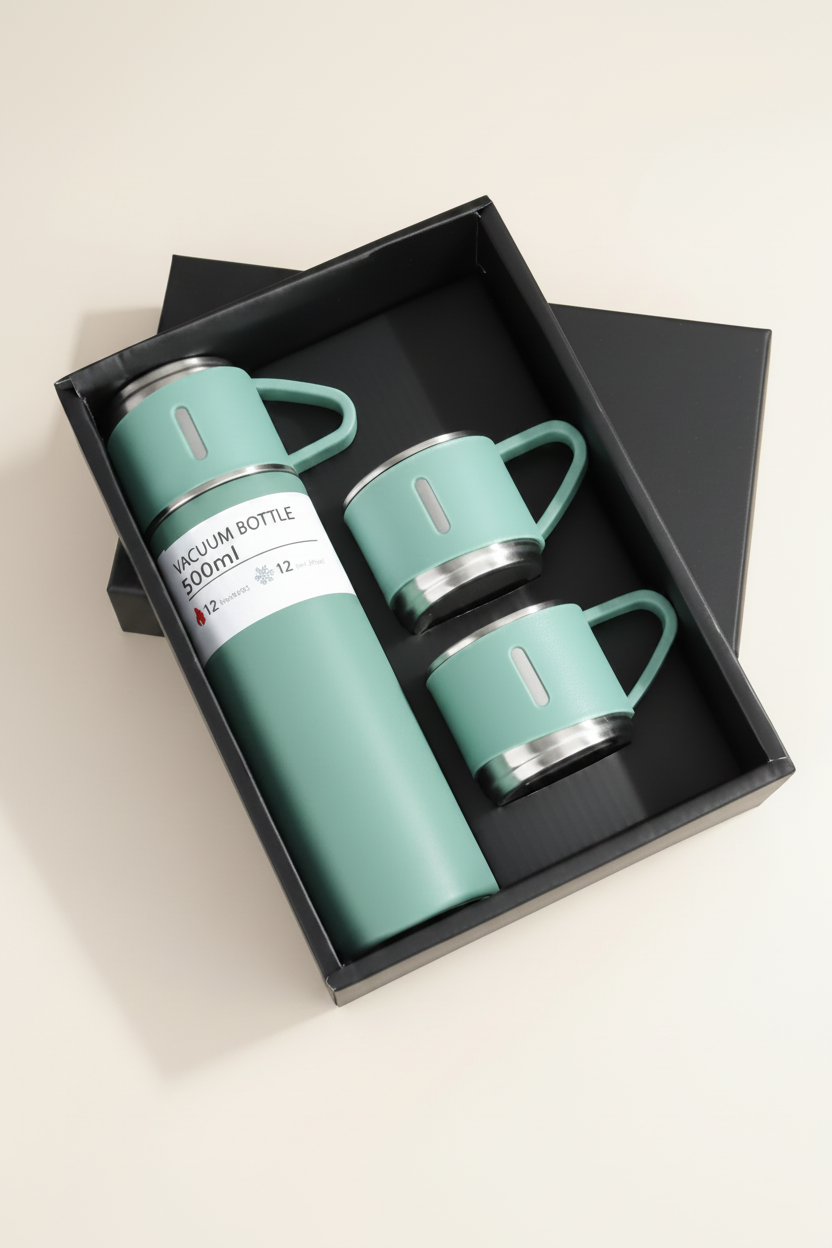 The flask and two cups in mint green, presented in the black gift box