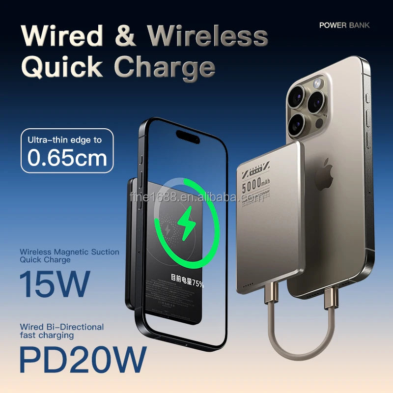 5000mAh Wireless Magnetic Power Bank — 20W Fast Charge, Ultra-Slim