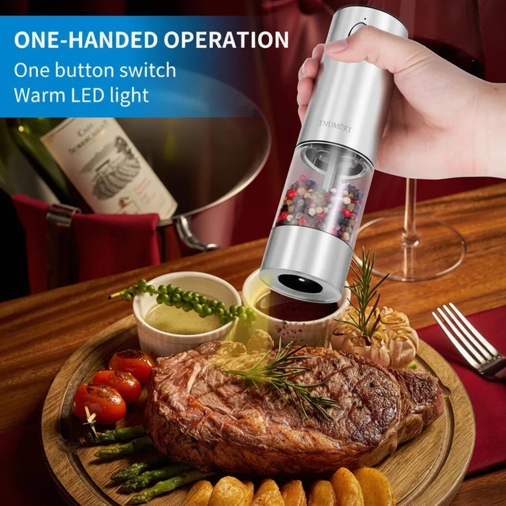 Hand holding a pepper grinder over a meal with text about its features.