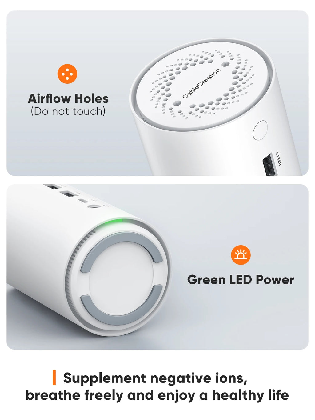 White air purifier with airflow holes and green LED power indicator on a light gray background.