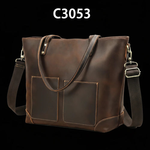 A dark brown leather tote bag with dual top handles, a detachable shoulder strap, and two front utility pockets, shown on a white background with the text 'C3053' above it.