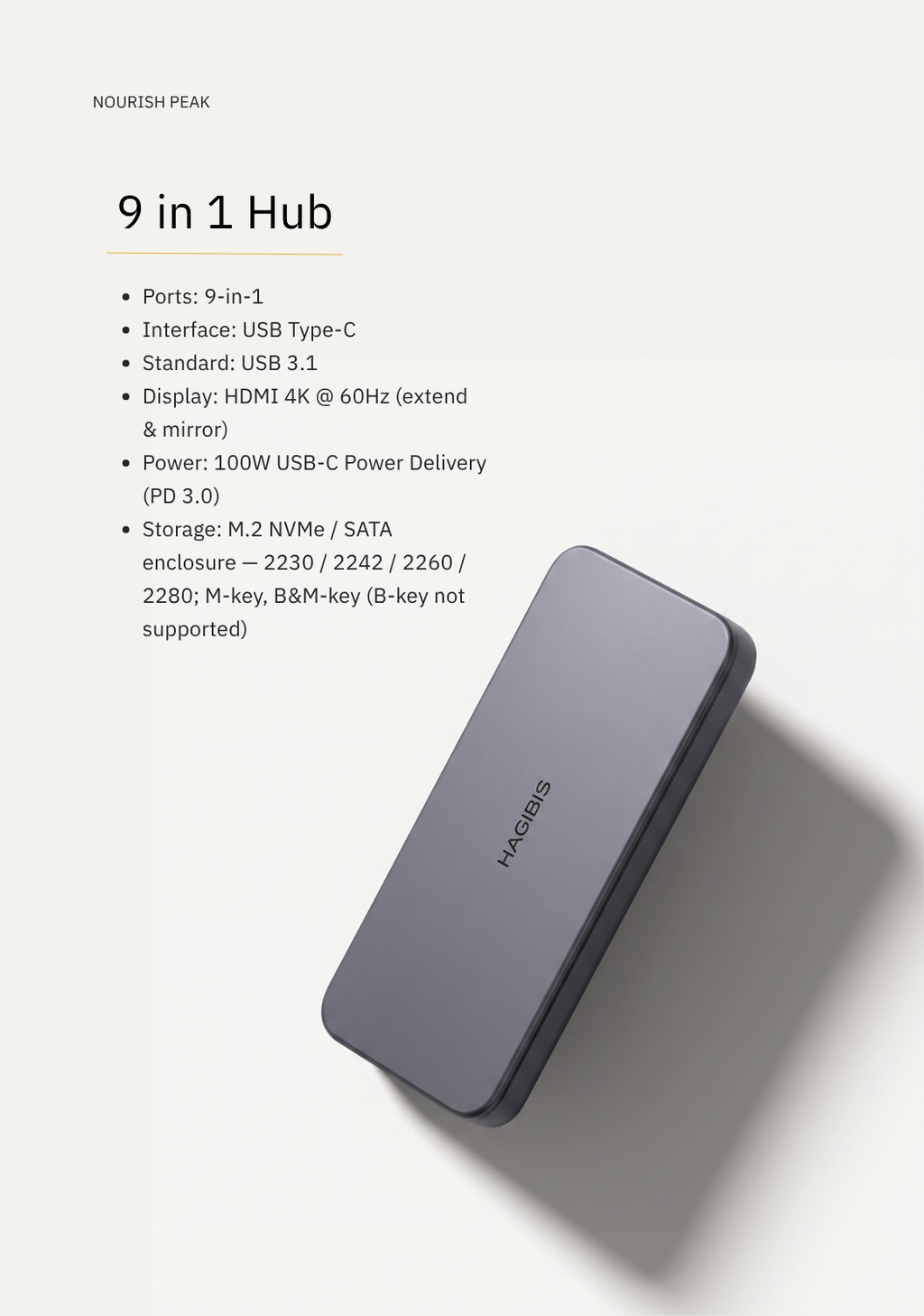 A sleek, dark gray rectangular hub device by Nourish Peak, shown at an angle on a light off-white background with descriptive text detailing its features.
