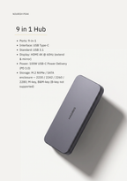 Specification card for the 9-in-1 docking station, listing its ports and charging output