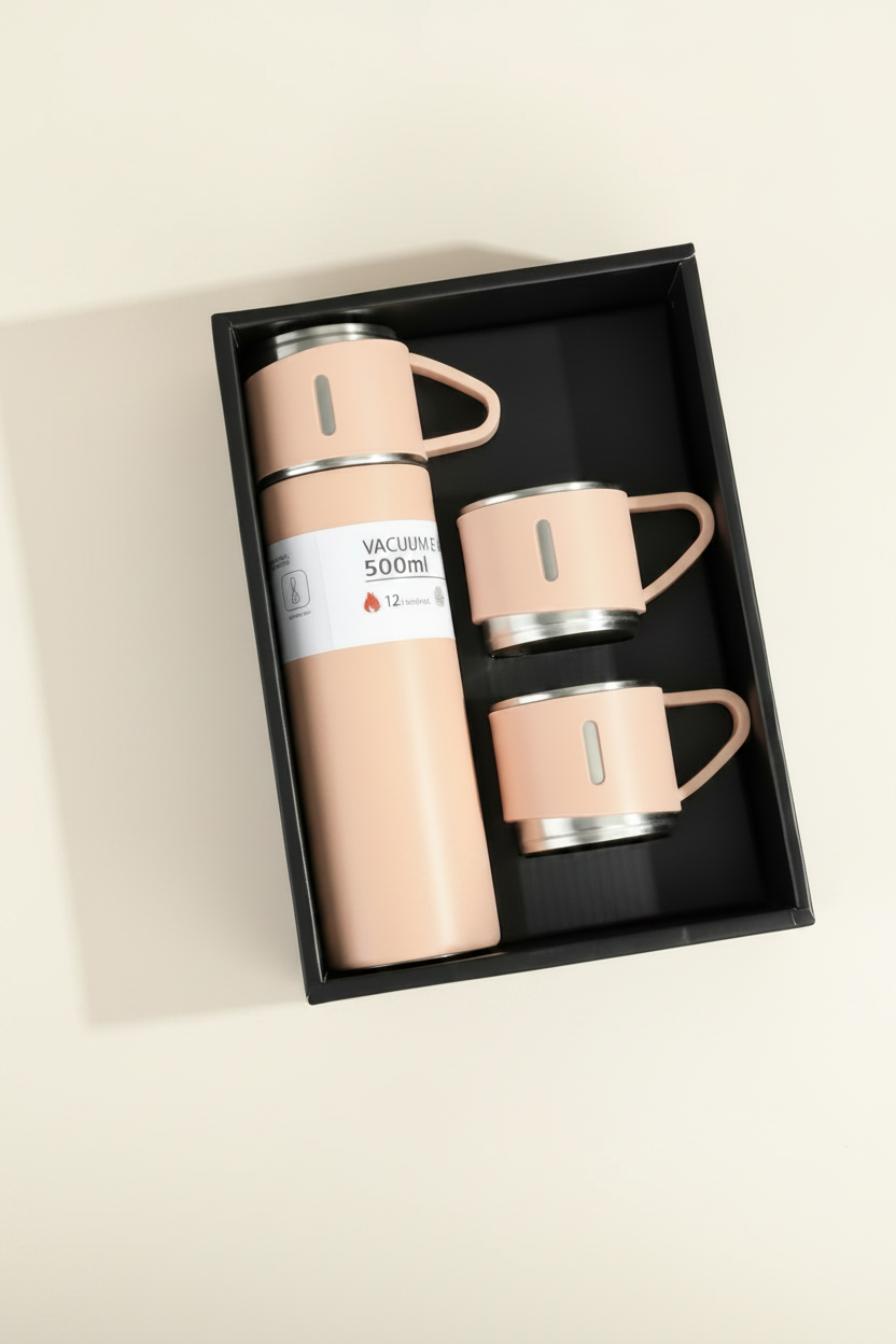 The flask and two cups in soft peach pink, boxed with the gift bag