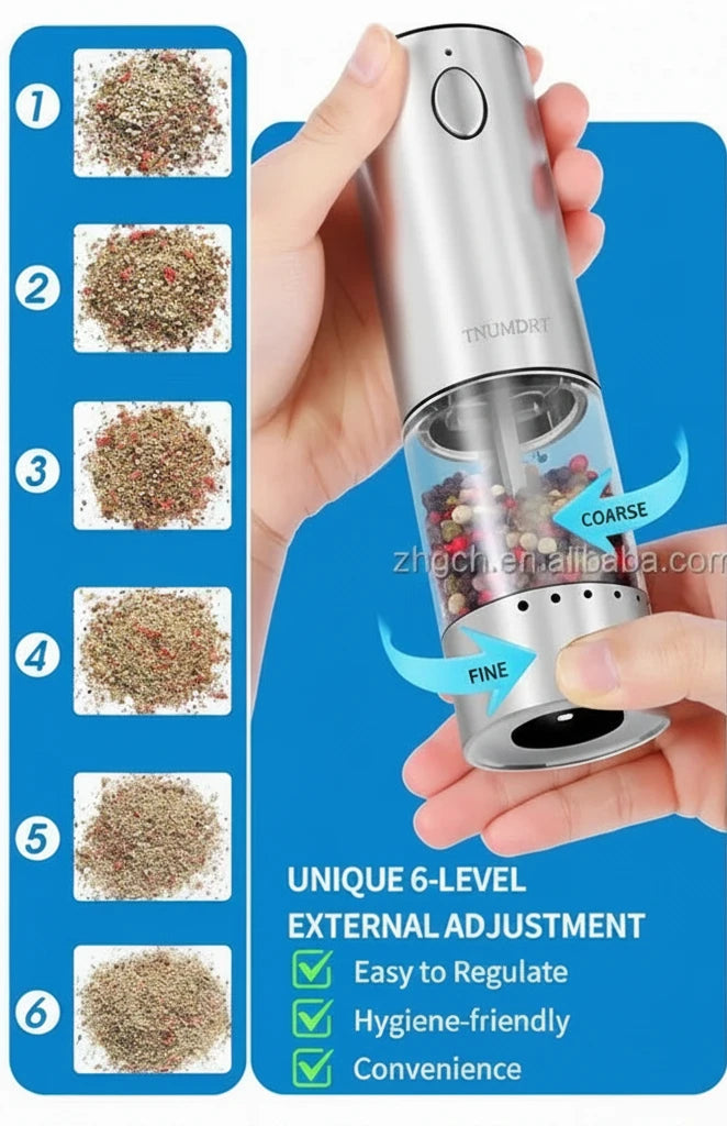 Electric pepper grinder with adjustable settings and features highlighted on a blue background