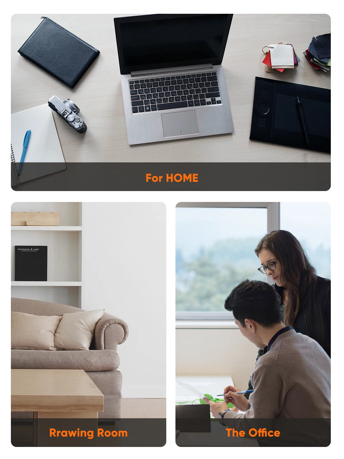 Collage of a home office setup, drawing room, and office scenes with text indicating 'For Home', 'Drawing Room', and 'The Office'.