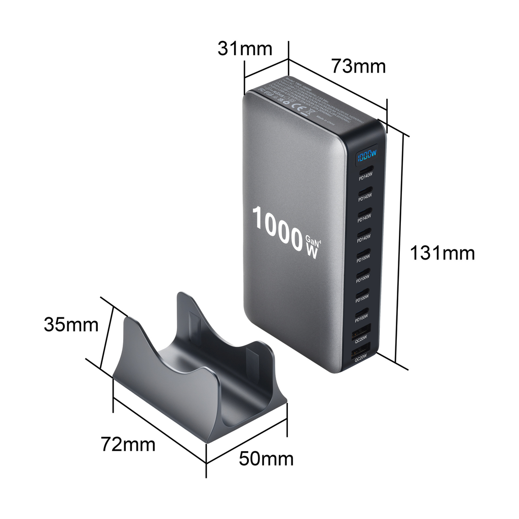 1000W power adapter with dimensions labeled on a white background