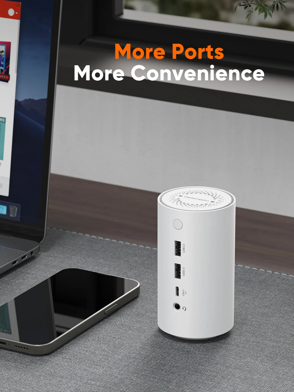 White USB hub with multiple ports on a desk next to a laptop and smartphone, with text 'More Ports More Convenience'.