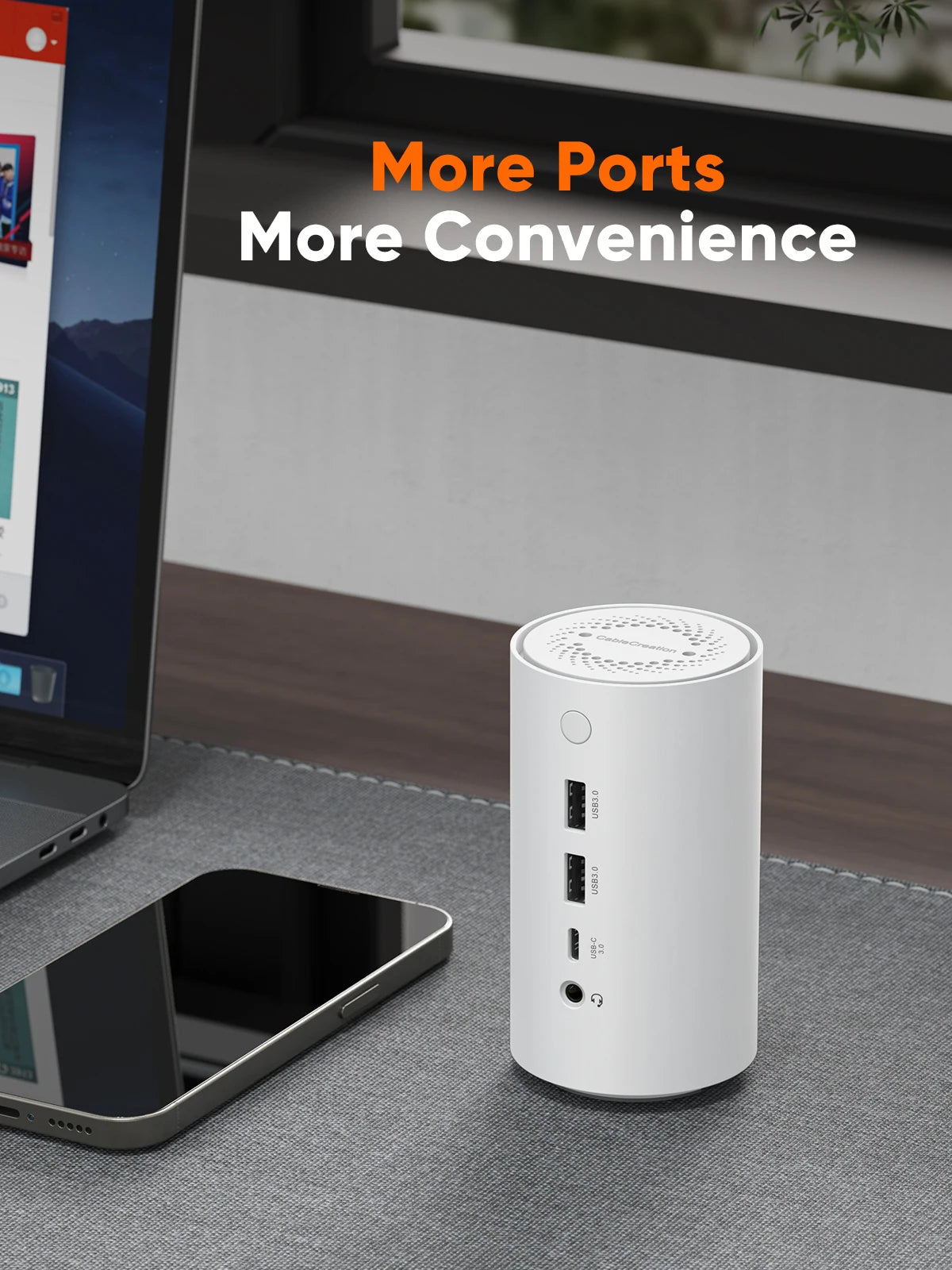 White USB hub with multiple ports on a desk next to a laptop and smartphone, with text 'More Ports More Convenience'.