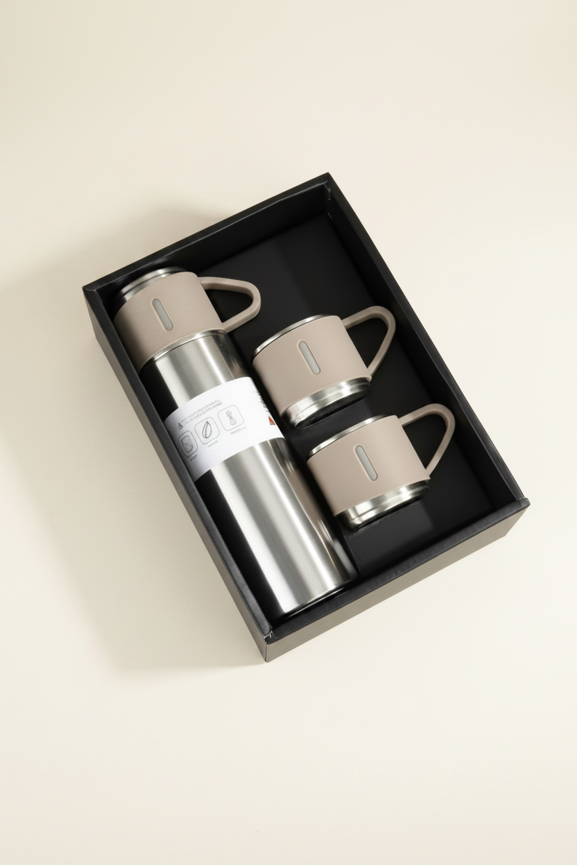 The flask and two cups in beige, presented in the gift box with bag and card
