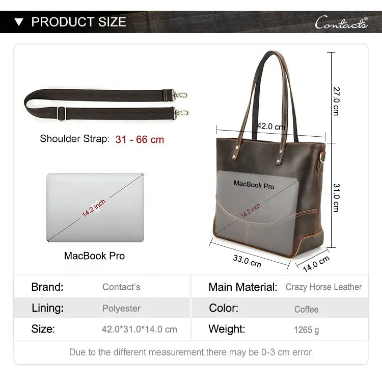 Large Leather Laptop Tote Bag for Women Men Vintage Travel Tote Bag for 14.2'' Laptop Handbag Women Large Capacity Shoulder Bag