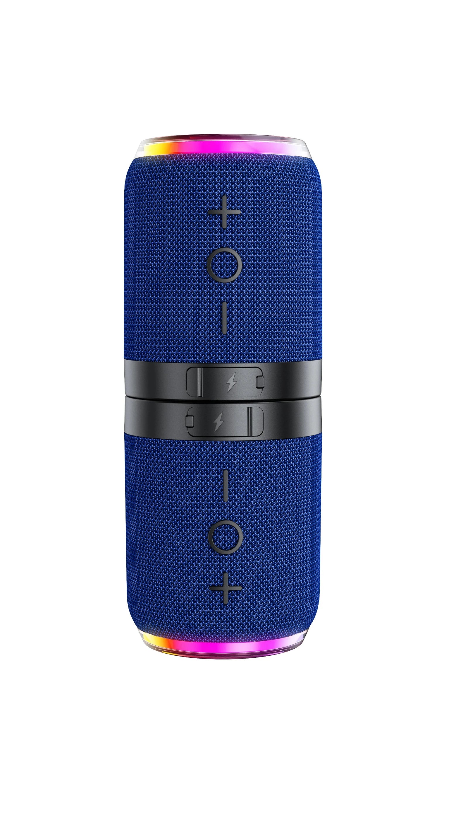 One half of the split speaker in blue, its LED ring lit