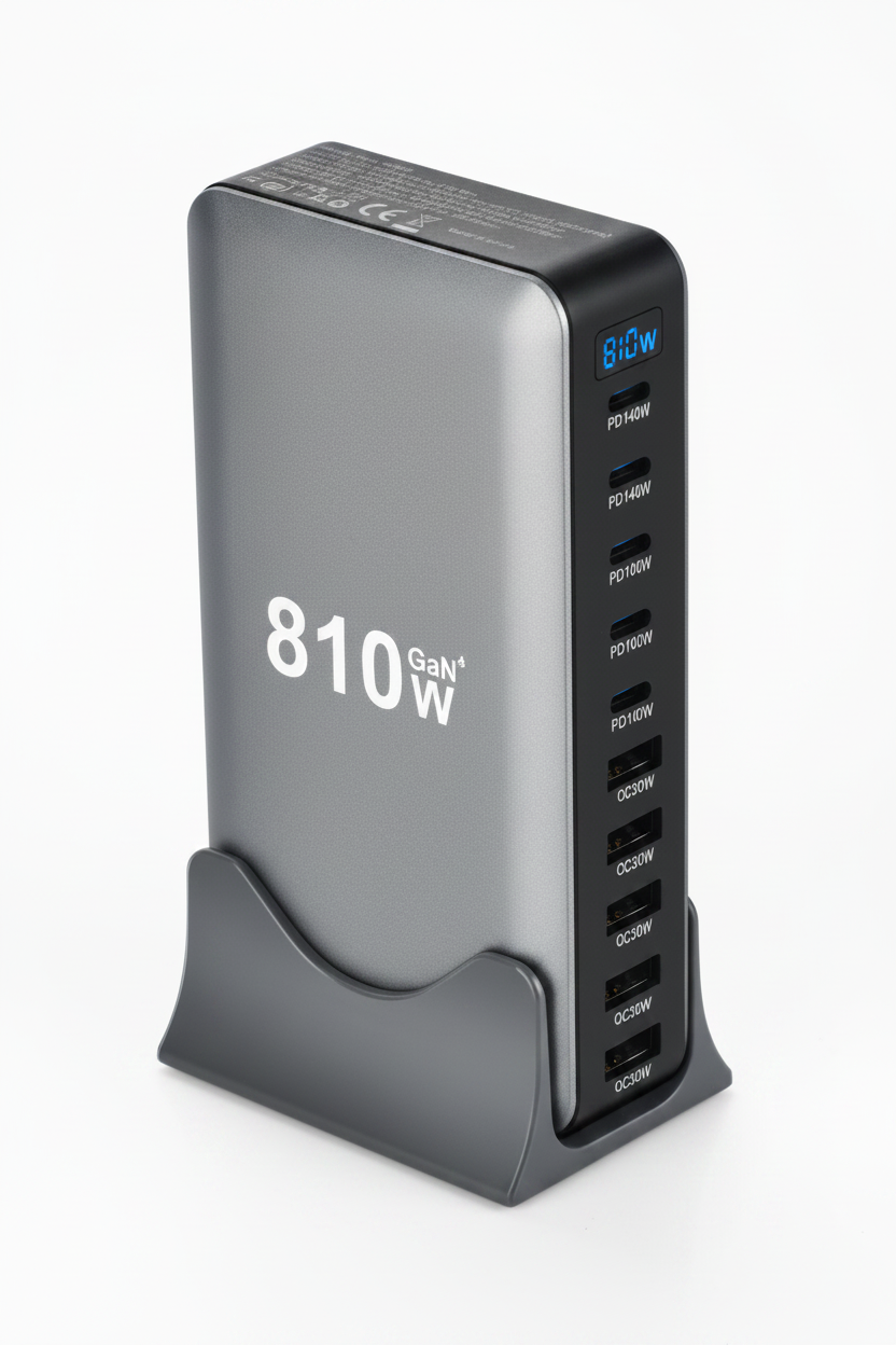 The charging station shown with its integrated plug and full USB port row, third view